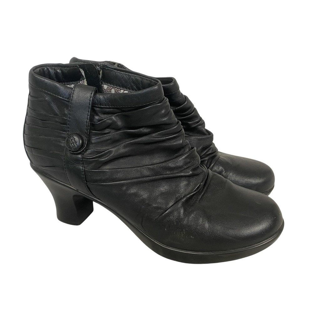 Dansko Buffy Boots Womens 8.5 39 Black Leather Ruched Ankle Zip Cone Heel Bootie